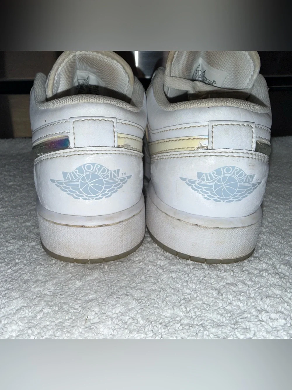 Nike Air Jordan’s White Low-Top Sneaker with Iridescent Swoosh Size 5Y